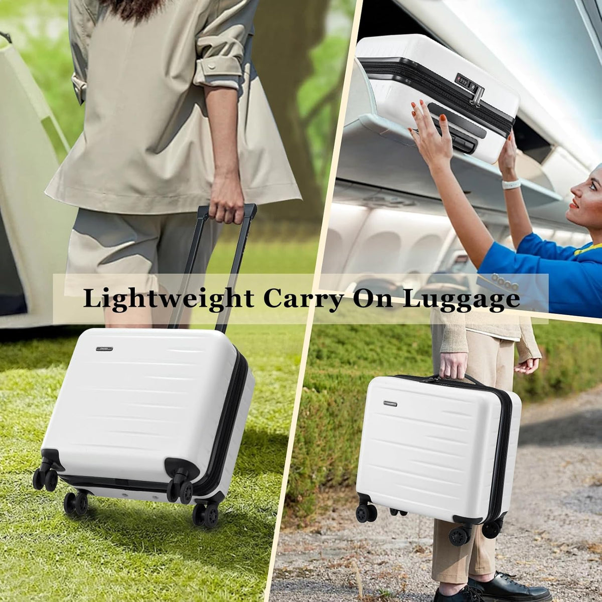 16 Inch Underseat Carry On Luggage Airline Approved, Expandable Lightweight ABS+PC Hard Shell Suitcases with 360° Spinner Wheels, TSA Lock, YKK Zipper, for Business Weekender (White, 1 PC)