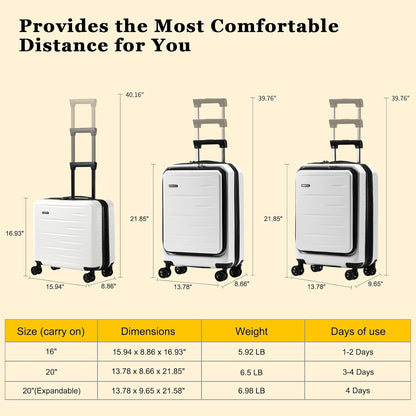 16 Inch Underseat Carry On Luggage Airline Approved, Expandable Lightweight ABS+PC Hard Shell Suitcases with 360° Spinner Wheels, TSA Lock, YKK Zipper, for Business Weekender (White, 1 PC)