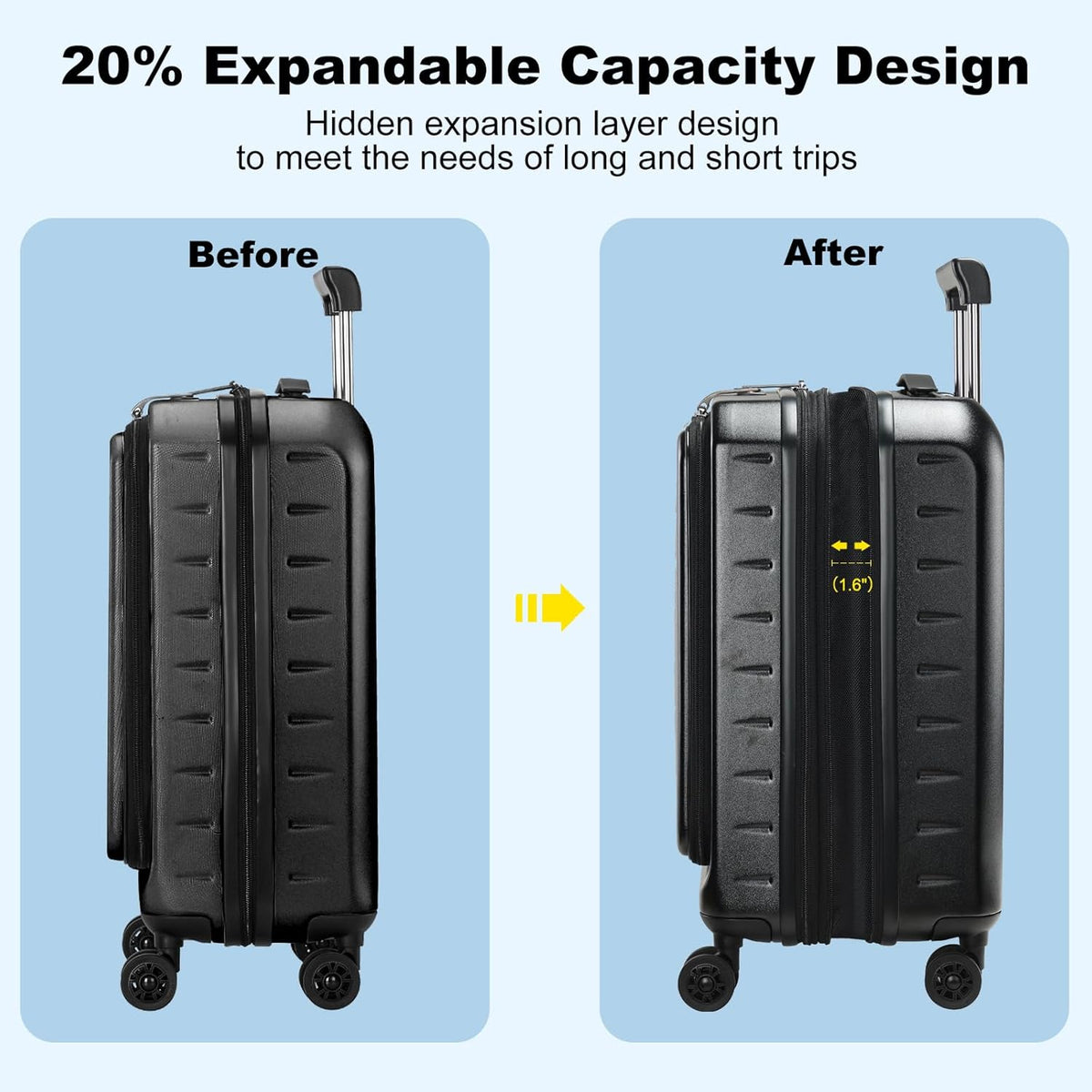 16 Inch Underseat Carry On Luggage Airline Approved, Expandable Lightweight ABS+PC Hard Shell Suitcases with 360° Spinner Wheels, TSA Lock, YKK Zipper, for Business Weekender (White, 1 PC)
