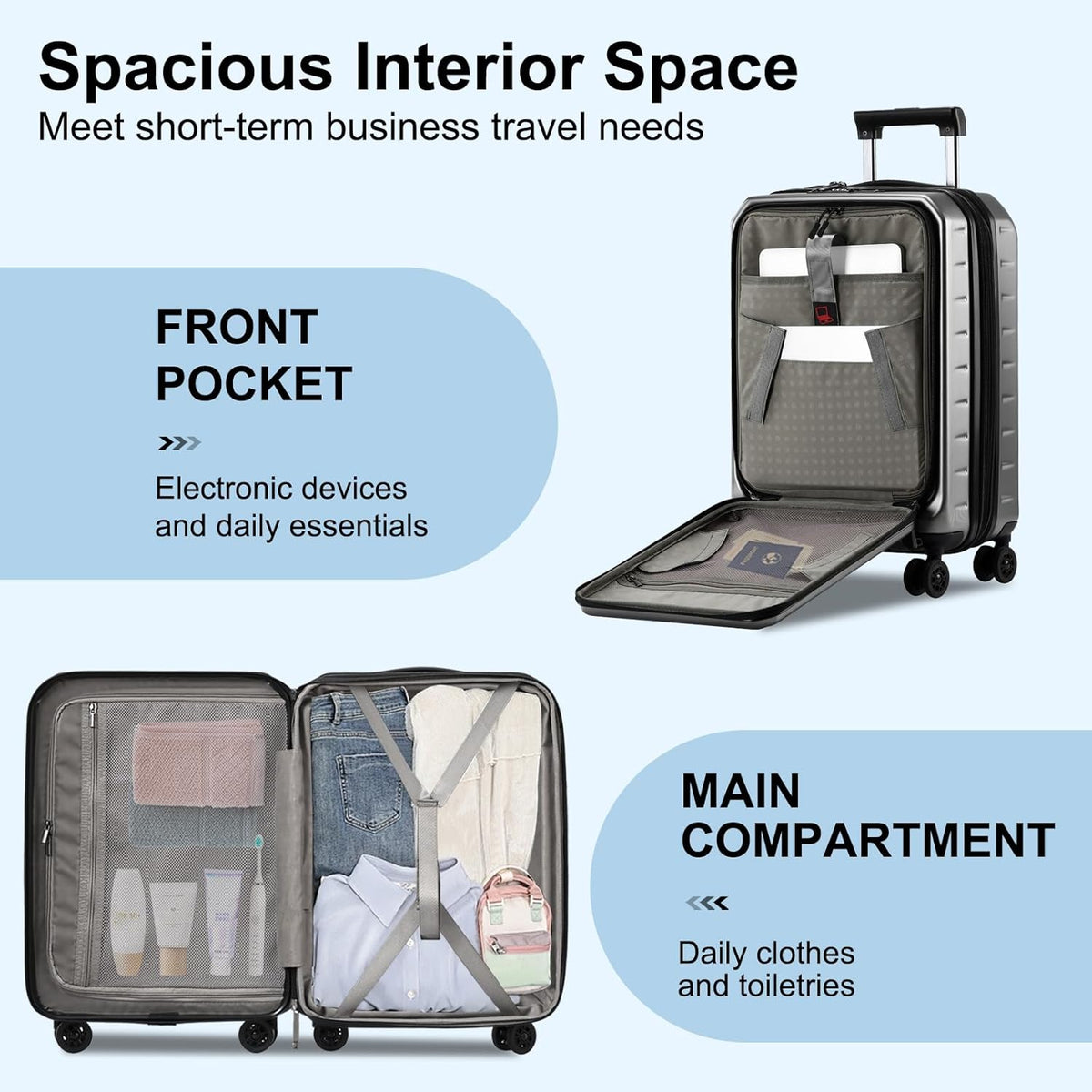 16 Inch Underseat Carry On Luggage Airline Approved, Expandable Lightweight ABS+PC Hard Shell Suitcases with 360° Spinner Wheels, TSA Lock, YKK Zipper, for Business Weekender (White, 1 PC)