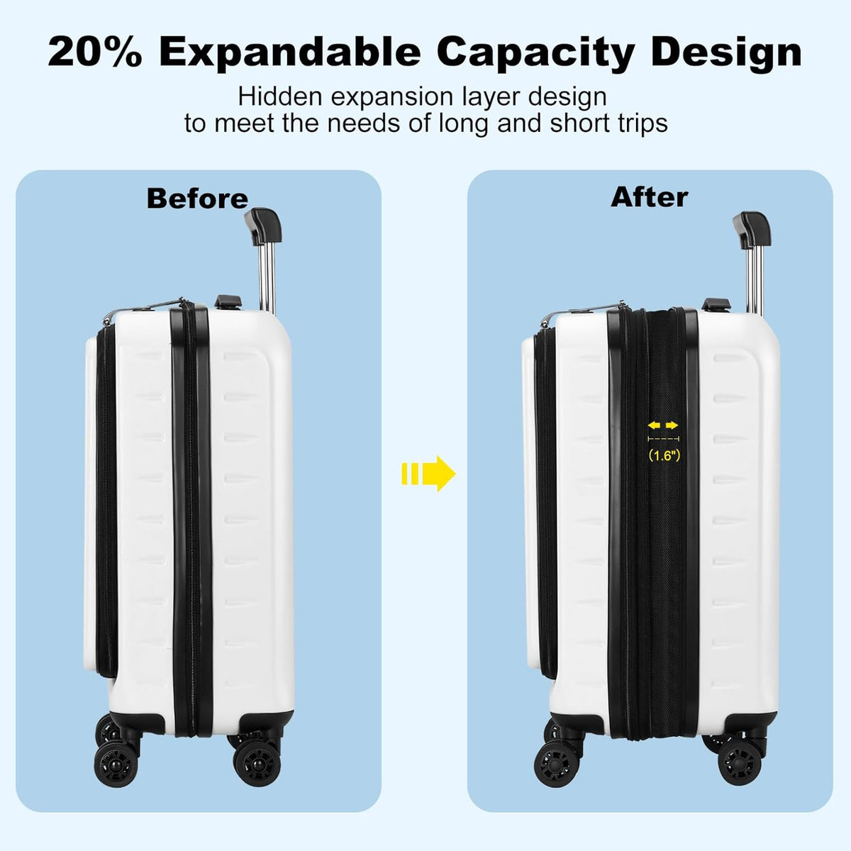 16 Inch Underseat Carry On Luggage Airline Approved, Expandable Lightweight ABS+PC Hard Shell Suitcases with 360° Spinner Wheels, TSA Lock, YKK Zipper, for Business Weekender (White, 1 PC)