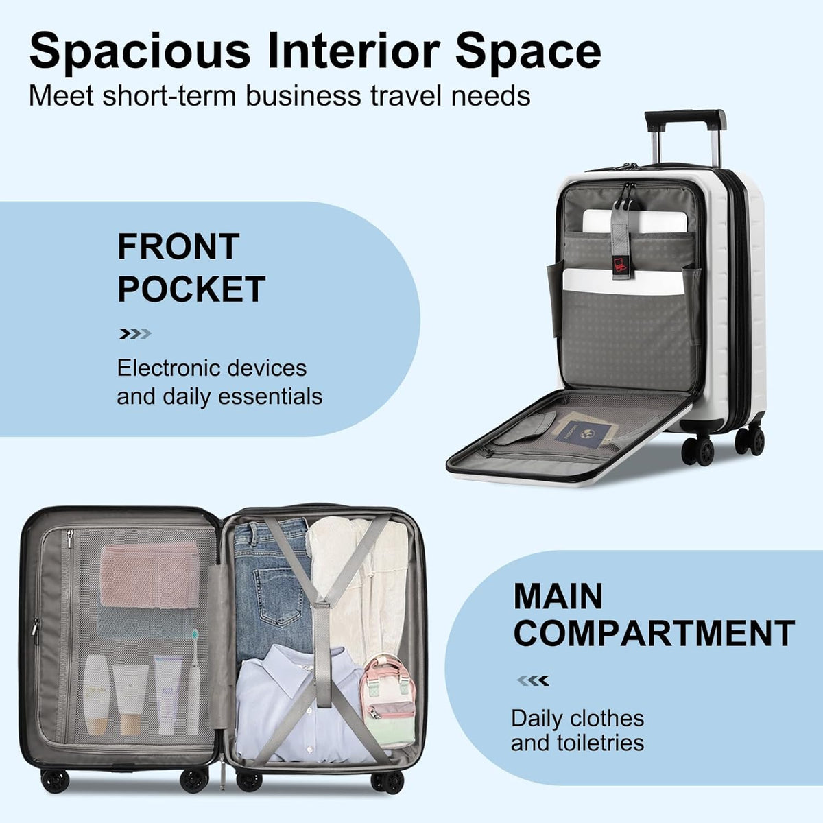 16 Inch Underseat Carry On Luggage Airline Approved, Expandable Lightweight ABS+PC Hard Shell Suitcases with 360° Spinner Wheels, TSA Lock, YKK Zipper, for Business Weekender (White, 1 PC)