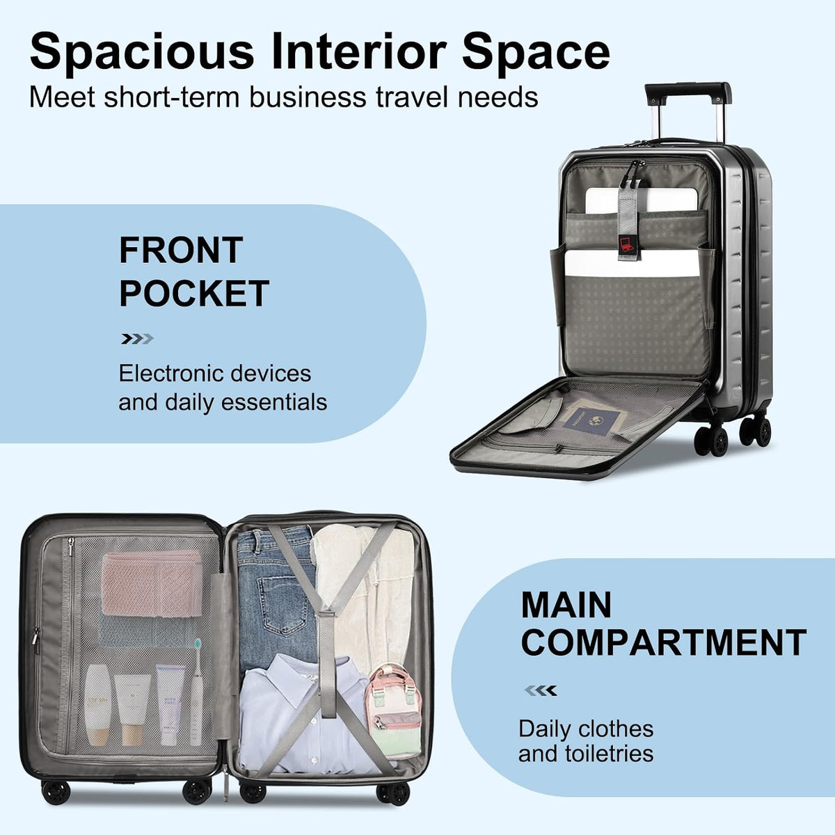 16 Inch Underseat Carry On Luggage Airline Approved, Expandable Lightweight ABS+PC Hard Shell Suitcases with 360° Spinner Wheels, TSA Lock, YKK Zipper, for Business Weekender (White, 1 PC)