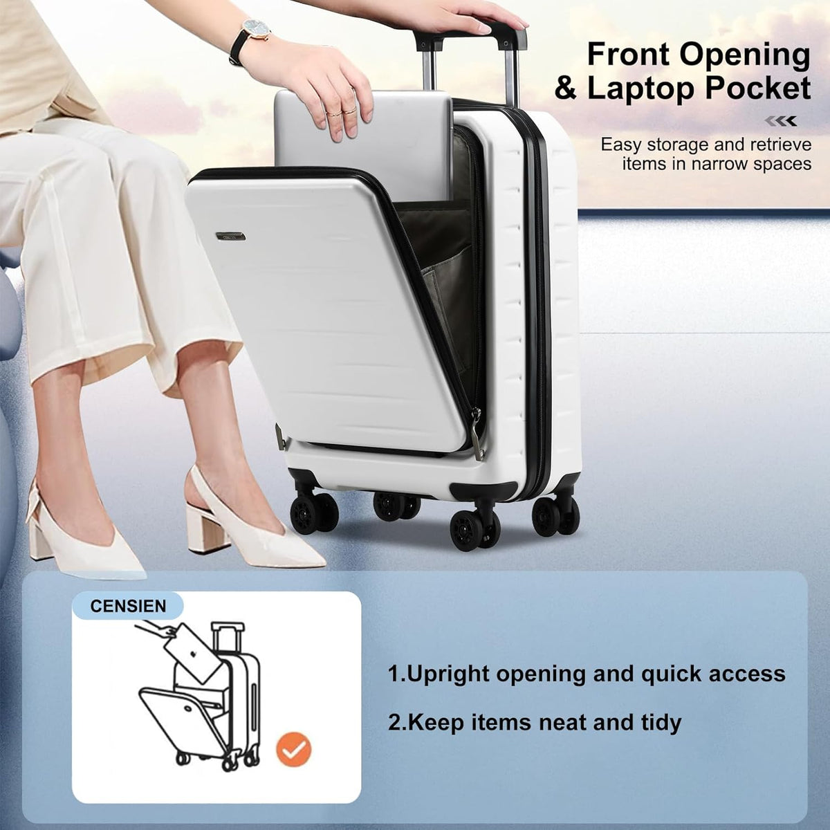 16 Inch Underseat Carry On Luggage Airline Approved, Expandable Lightweight ABS+PC Hard Shell Suitcases with 360° Spinner Wheels, TSA Lock, YKK Zipper, for Business Weekender (White, 1 PC)