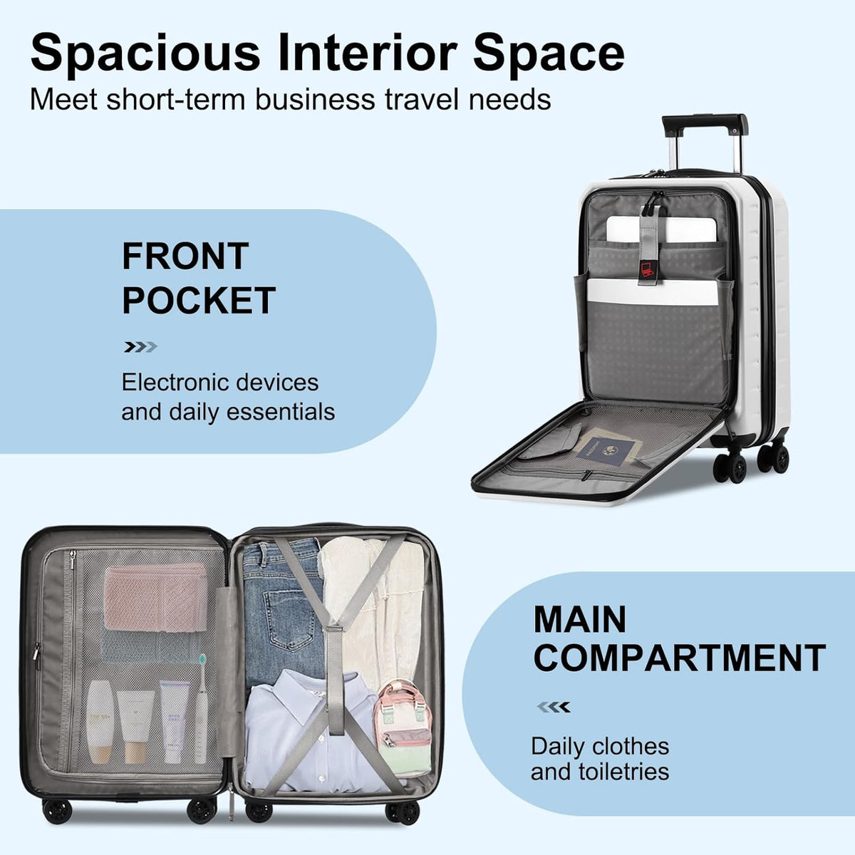16 Inch Underseat Carry On Luggage Airline Approved, Expandable Lightweight ABS+PC Hard Shell Suitcases with 360° Spinner Wheels, TSA Lock, YKK Zipper, for Business Weekender (White, 1 PC)
