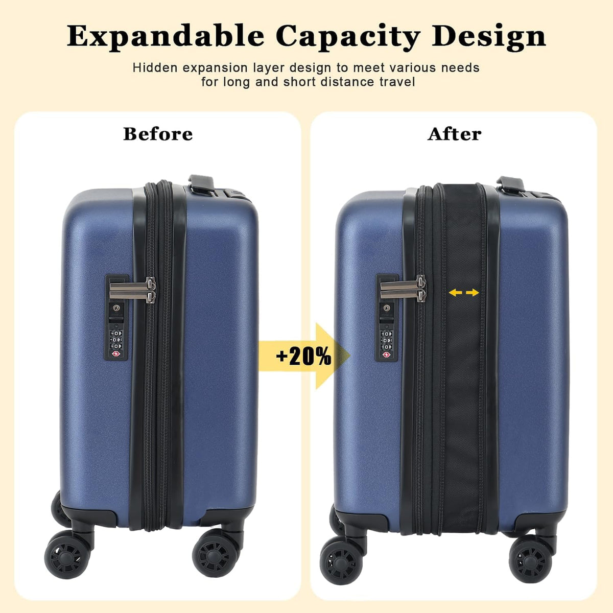 16 Inch Underseat Carry On Luggage Airline Approved, Expandable Lightweight ABS+PC Hard Shell Suitcases with 360° Spinner Wheels, TSA Lock, YKK Zipper, for Business Weekender (White, 1 PC)