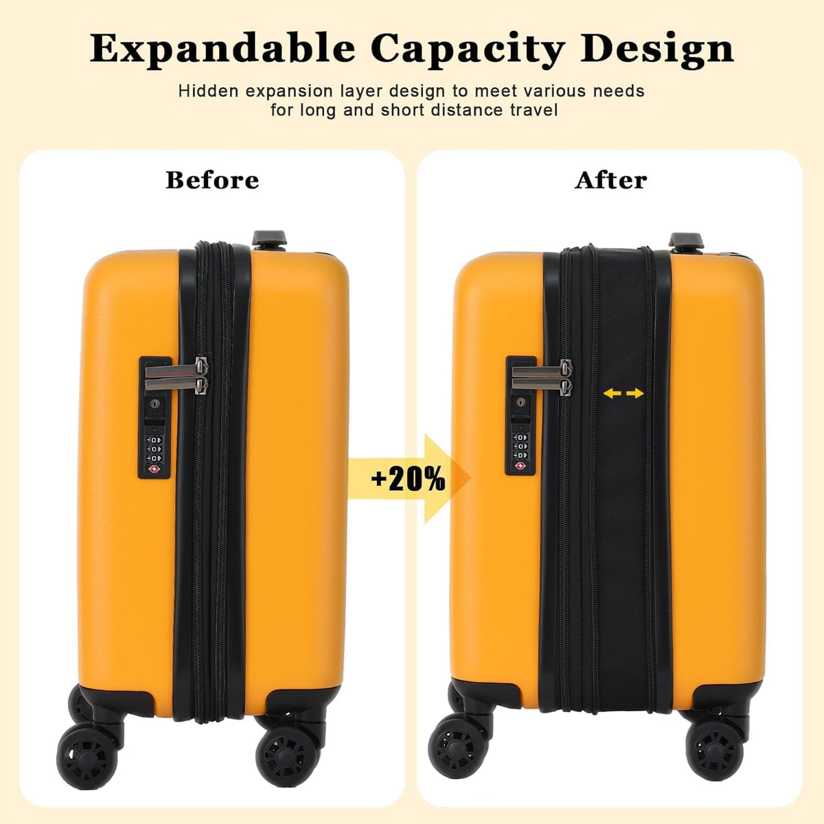 16 Inch Underseat Carry On Luggage Airline Approved, Expandable Lightweight ABS+PC Hard Shell Suitcases with 360° Spinner Wheels, TSA Lock, YKK Zipper, for Business Weekender (White, 1 PC)