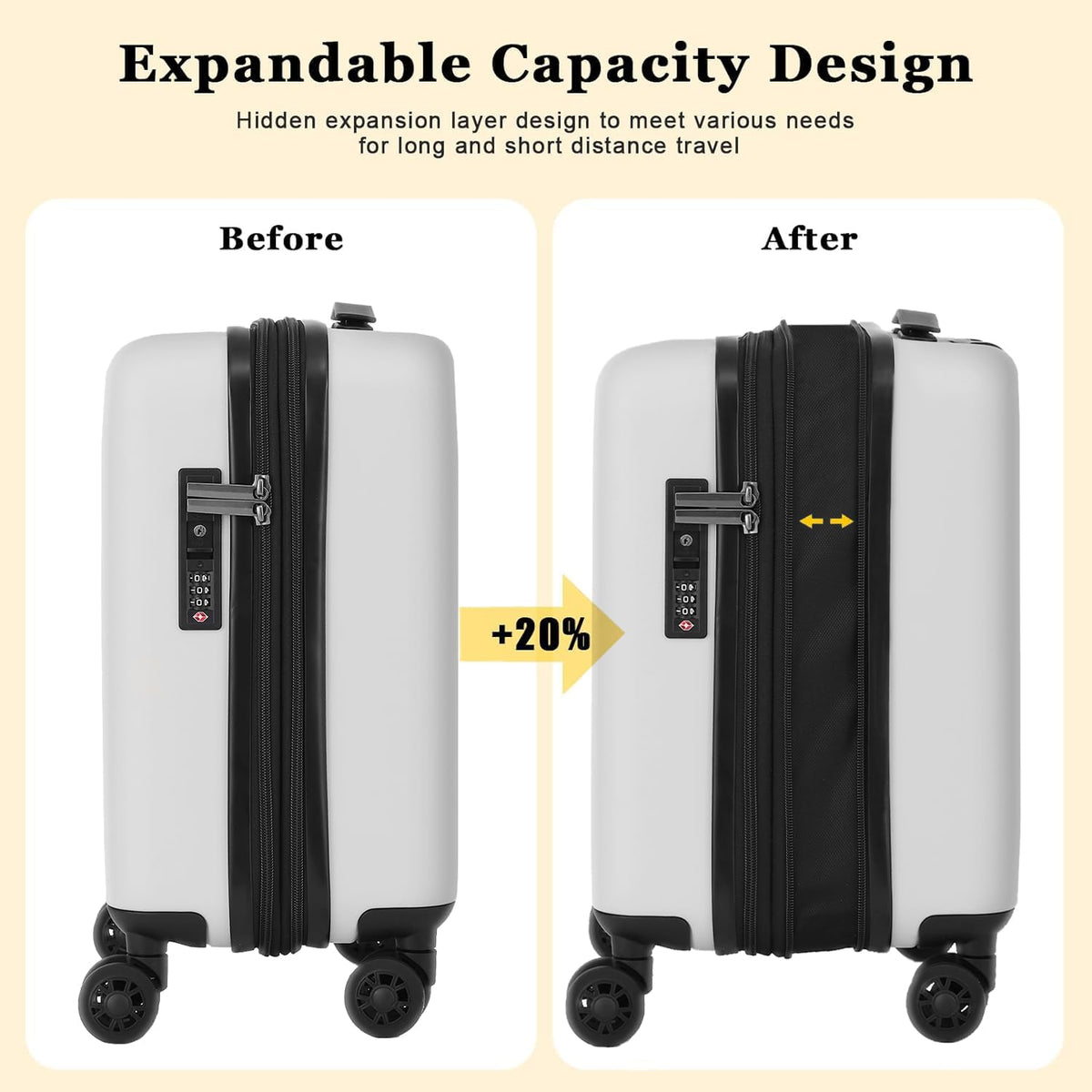 16 Inch Underseat Carry On Luggage Airline Approved, Expandable Lightweight ABS+PC Hard Shell Suitcases with 360° Spinner Wheels, TSA Lock, YKK Zipper, for Business Weekender (White, 1 PC)