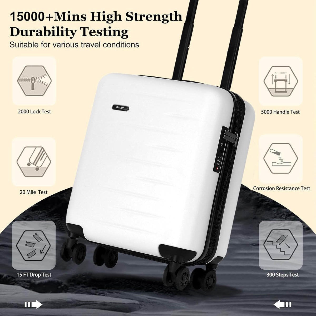 16 Inch Underseat Carry On Luggage Airline Approved, Expandable Lightweight ABS+PC Hard Shell Suitcases with 360° Spinner Wheels, TSA Lock, YKK Zipper, for Business Weekender (White, 1 PC)