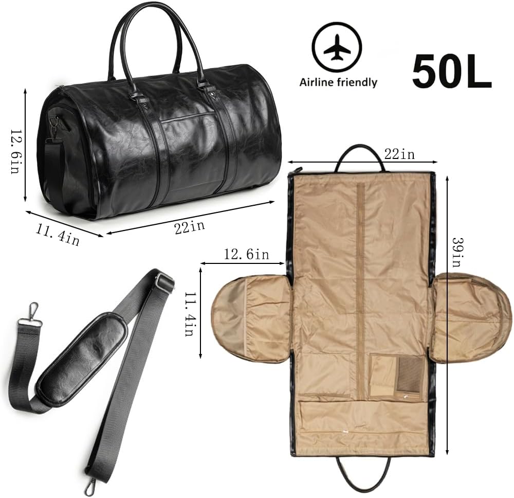 Garment Duffle Bags for Travel Men, 50L-Large Carry on Garment Duffel Bag, Convertible Garment Duffel Bag w/Shoe Compartment, Foldable Garment Bags for Hanging Clothes Travel (Brown)