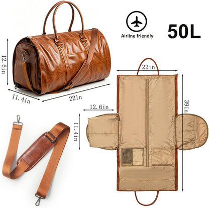 Garment Duffle Bags for Travel Men, 50L-Large Carry on Garment Duffel Bag, Convertible Garment Duffel Bag w/Shoe Compartment, Foldable Garment Bags for Hanging Clothes Travel (Brown)