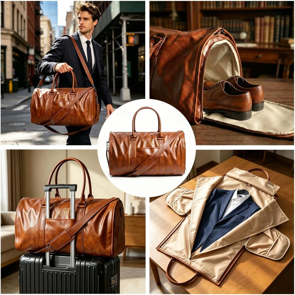 Garment Duffle Bags for Travel Men, 50L-Large Carry on Garment Duffel Bag, Convertible Garment Duffel Bag w/Shoe Compartment, Foldable Garment Bags for Hanging Clothes Travel (Brown)