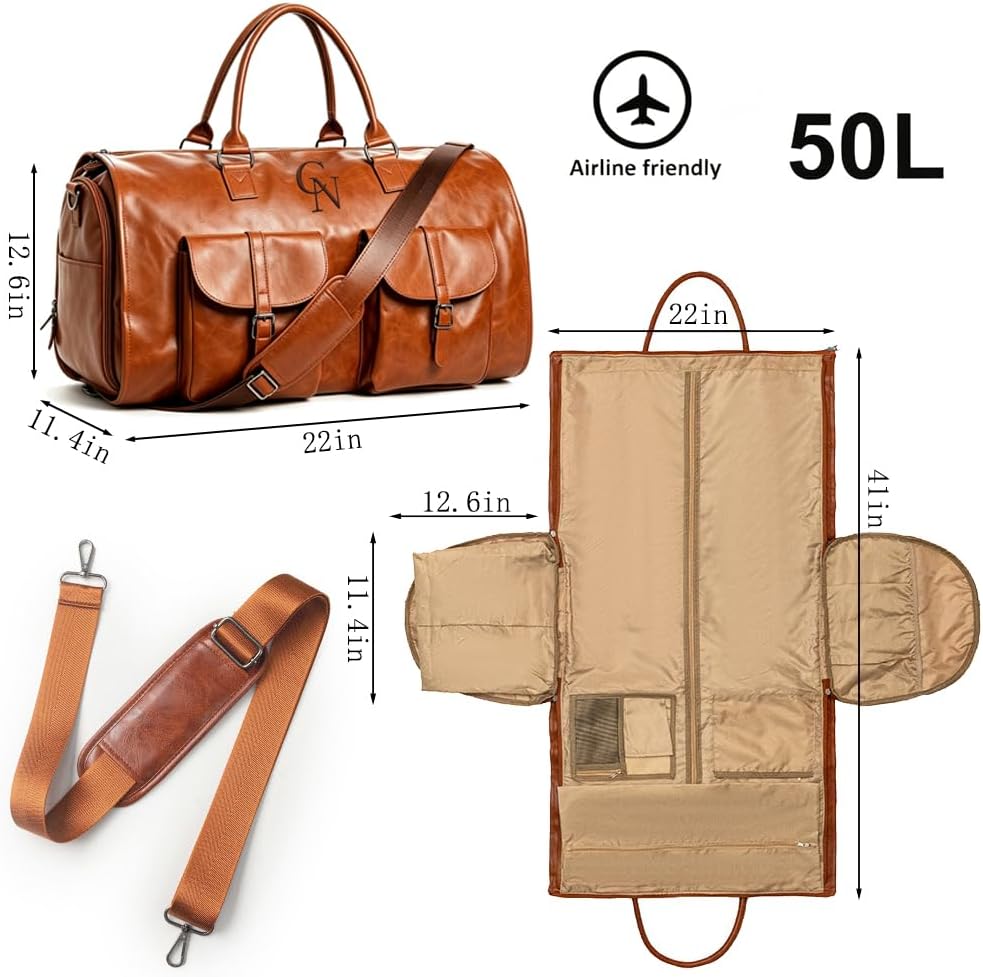 Garment Duffle Bags for Travel Men, 50L-Large Carry on Garment Duffel Bag, Convertible Garment Duffel Bag w/Shoe Compartment, Foldable Garment Bags for Hanging Clothes Travel (Brown)