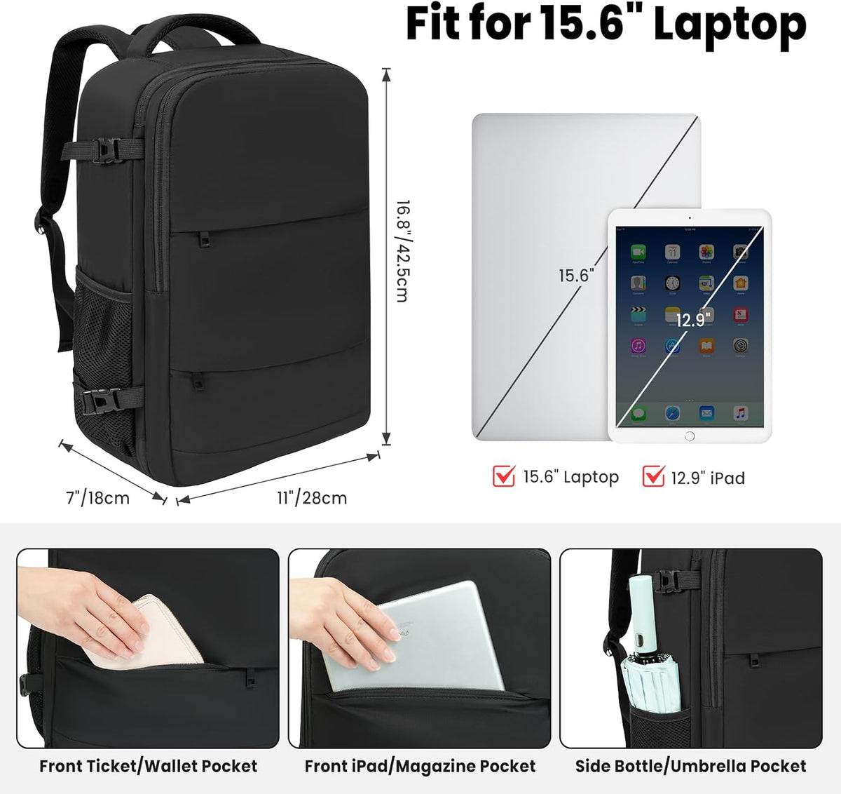 Travel Laptop Backpack for Women Men, Flight Approved Carry on-Pink | USB Port,15.6in Laptop Bag,Airline Approved, 180-Degree Wide Opening,Nylon Fabric,Dual handles, Multi-Pockets