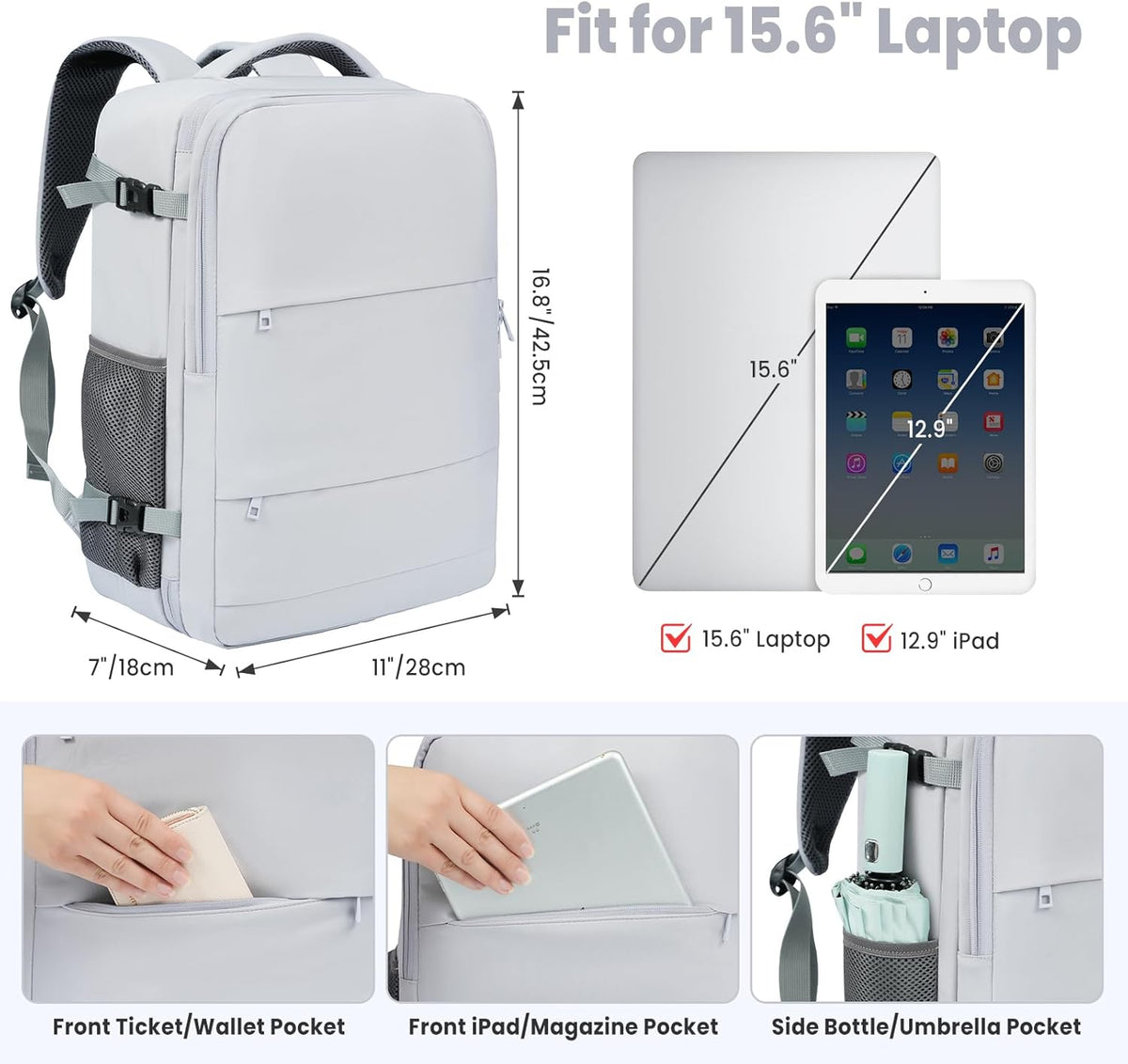Travel Laptop Backpack for Women Men, Flight Approved Carry on-Pink | USB Port,15.6in Laptop Bag,Airline Approved, 180-Degree Wide Opening,Nylon Fabric,Dual handles, Multi-Pockets