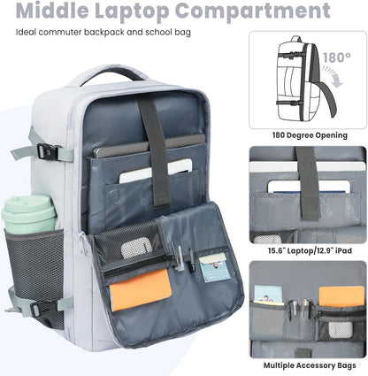 Travel Laptop Backpack for Women Men, Flight Approved Carry on-Pink | USB Port,15.6in Laptop Bag,Airline Approved, 180-Degree Wide Opening,Nylon Fabric,Dual handles, Multi-Pockets