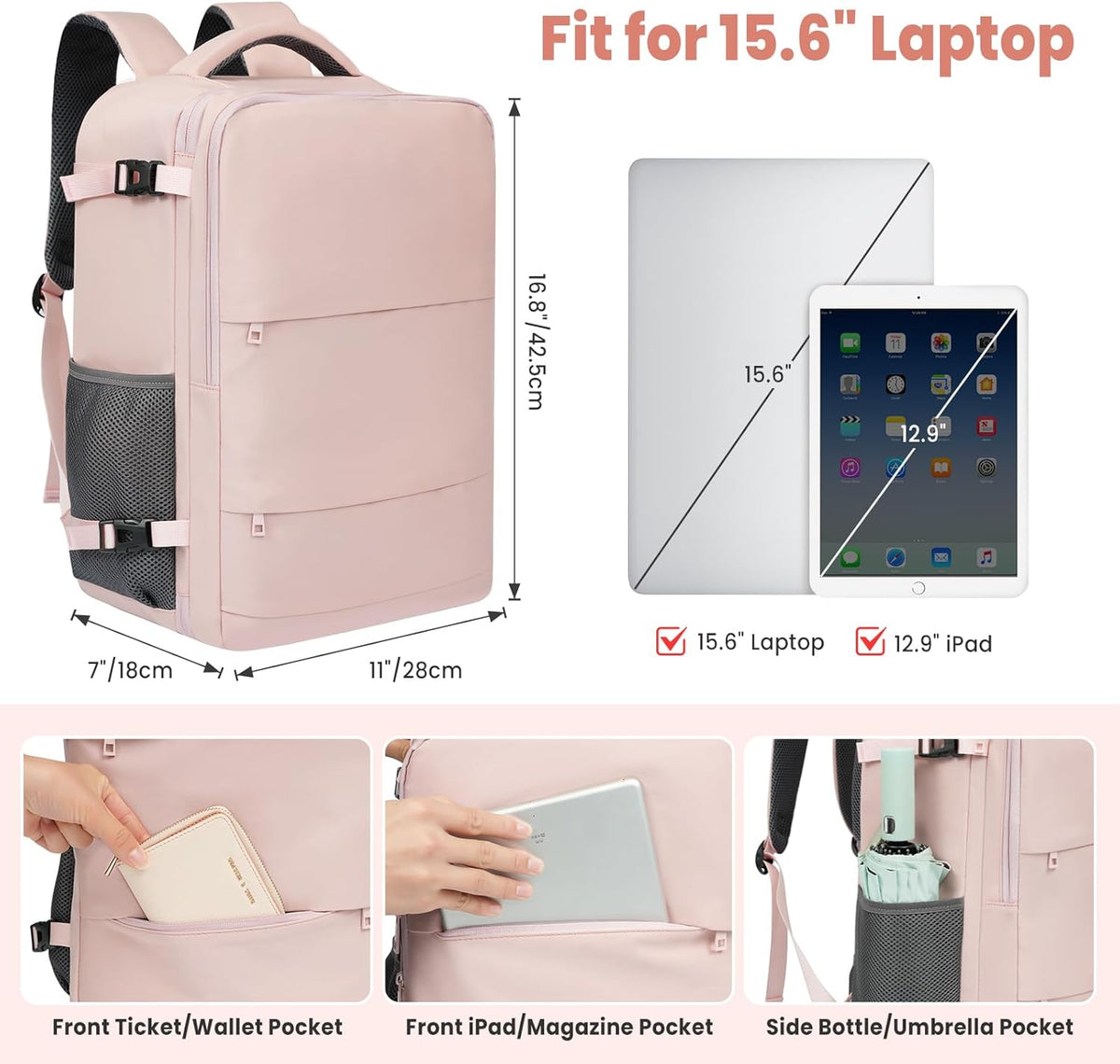 Travel Laptop Backpack for Women Men, Flight Approved Carry on-Pink | USB Port,15.6in Laptop Bag,Airline Approved, 180-Degree Wide Opening,Nylon Fabric,Dual handles, Multi-Pockets