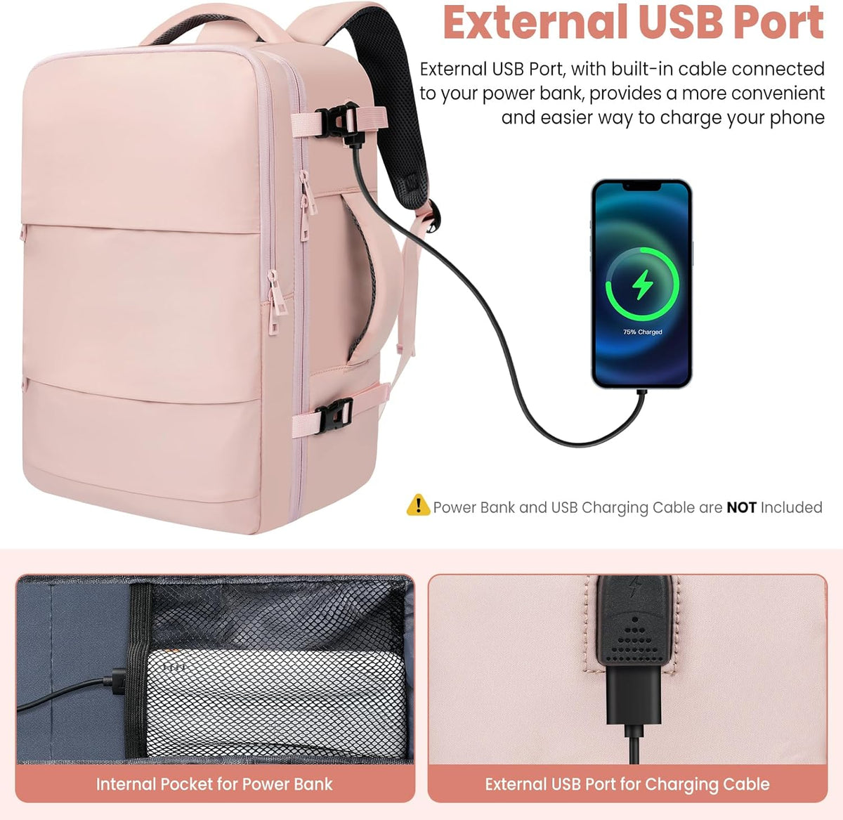 Travel Laptop Backpack for Women Men, Flight Approved Carry on-Pink | USB Port,15.6in Laptop Bag,Airline Approved, 180-Degree Wide Opening,Nylon Fabric,Dual handles, Multi-Pockets