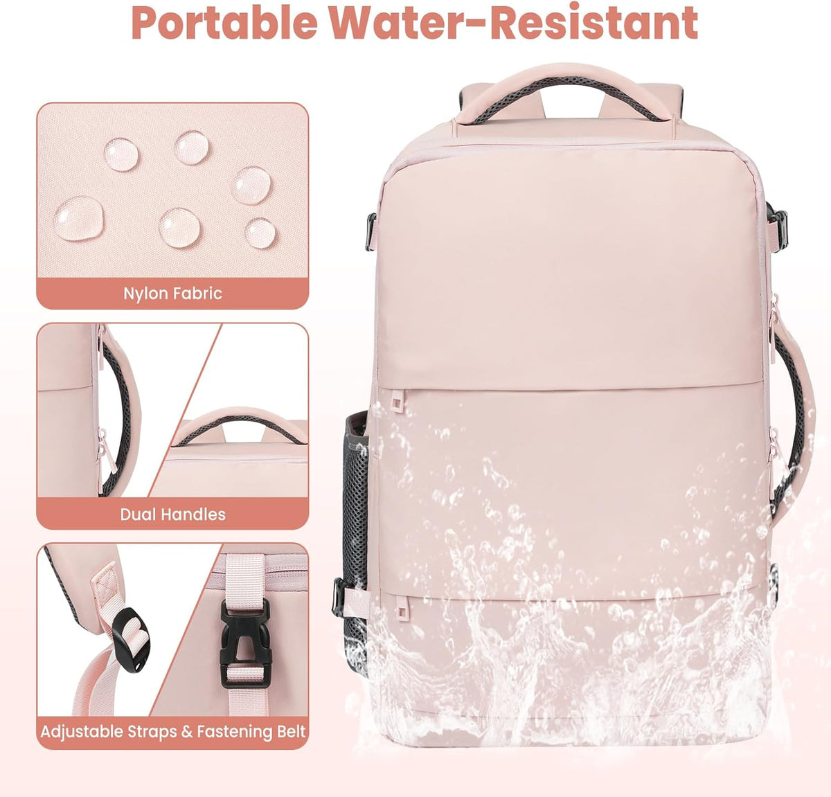 Travel Laptop Backpack for Women Men, Flight Approved Carry on-Pink | USB Port,15.6in Laptop Bag,Airline Approved, 180-Degree Wide Opening,Nylon Fabric,Dual handles, Multi-Pockets