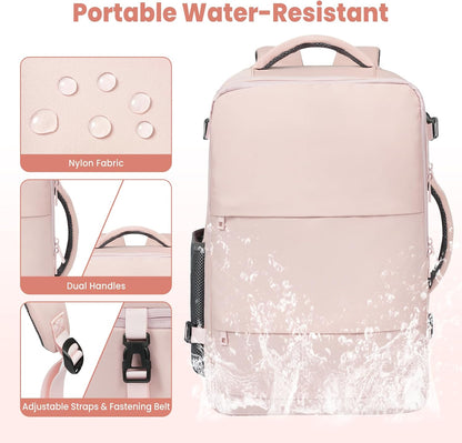 Travel Laptop Backpack for Women Men, Flight Approved Carry on-Pink | USB Port,15.6in Laptop Bag,Airline Approved, 180-Degree Wide Opening,Nylon Fabric,Dual handles, Multi-Pockets