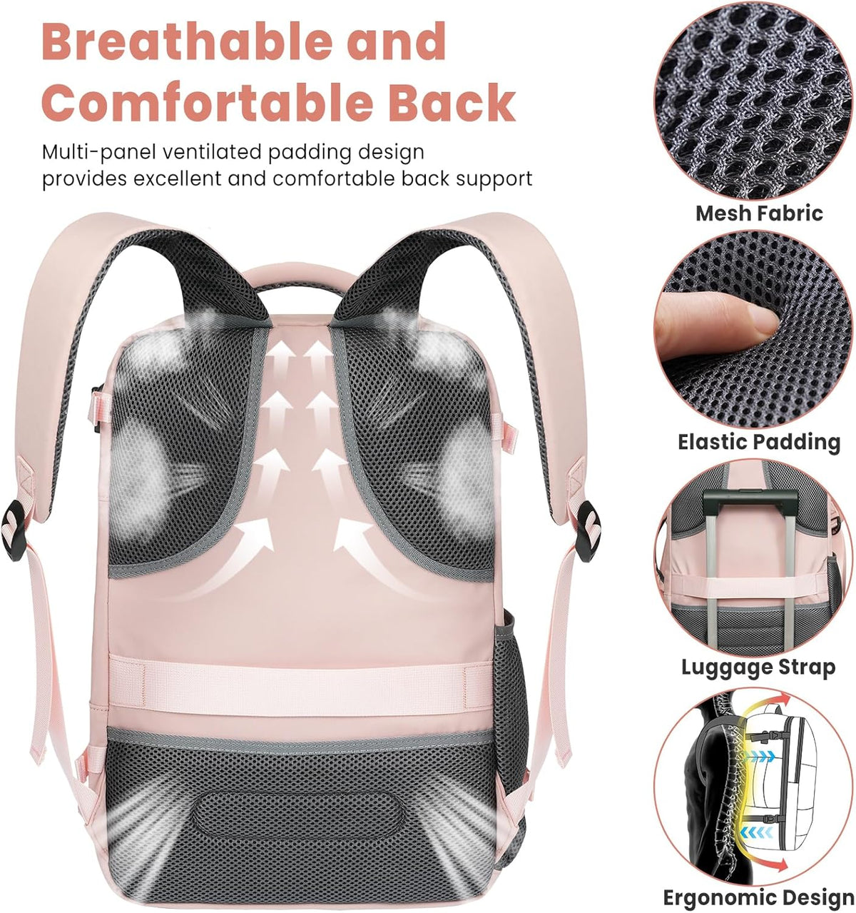 Travel Laptop Backpack for Women Men, Flight Approved Carry on-Pink | USB Port,15.6in Laptop Bag,Airline Approved, 180-Degree Wide Opening,Nylon Fabric,Dual handles, Multi-Pockets