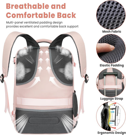 Travel Laptop Backpack for Women Men, Flight Approved Carry on-Pink | USB Port,15.6in Laptop Bag,Airline Approved, 180-Degree Wide Opening,Nylon Fabric,Dual handles, Multi-Pockets