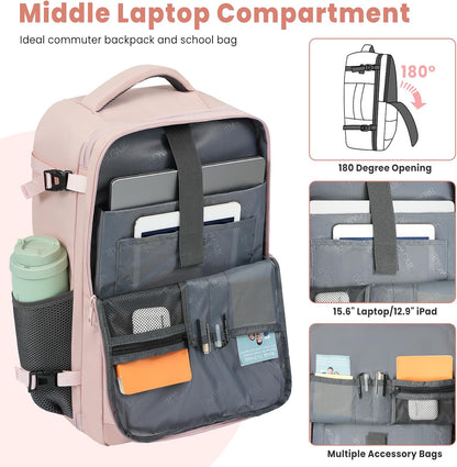 Travel Laptop Backpack for Women Men, Flight Approved Carry on-Pink | USB Port,15.6in Laptop Bag,Airline Approved, 180-Degree Wide Opening,Nylon Fabric,Dual handles, Multi-Pockets