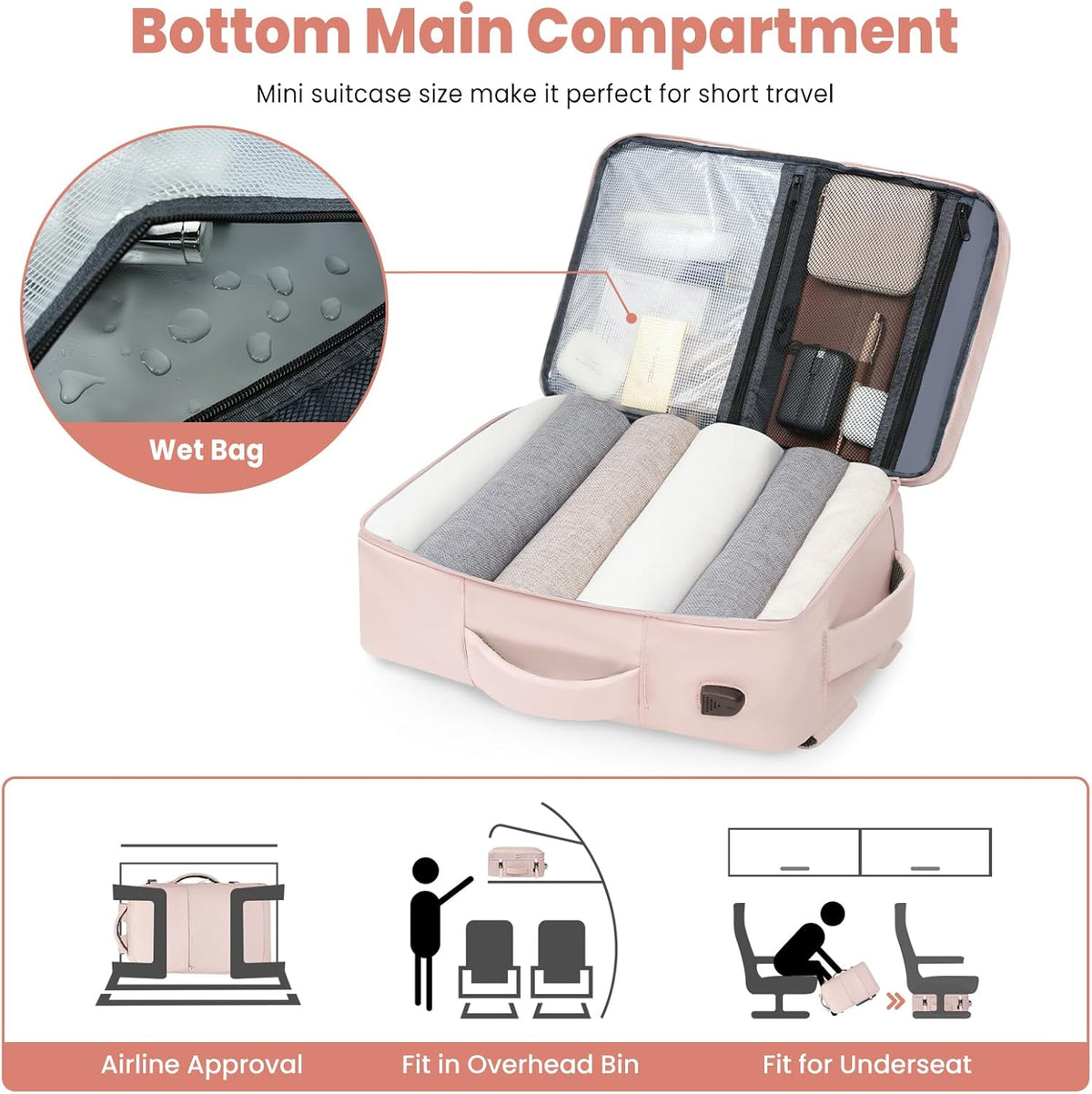 Travel Laptop Backpack for Women Men, Flight Approved Carry on-Pink | USB Port,15.6in Laptop Bag,Airline Approved, 180-Degree Wide Opening,Nylon Fabric,Dual handles, Multi-Pockets