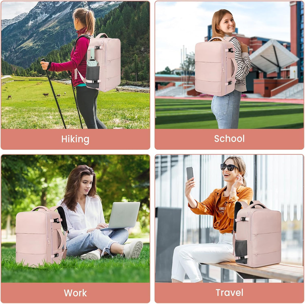 Travel Laptop Backpack for Women Men, Flight Approved Carry on-Pink | USB Port,15.6in Laptop Bag,Airline Approved, 180-Degree Wide Opening,Nylon Fabric,Dual handles, Multi-Pockets