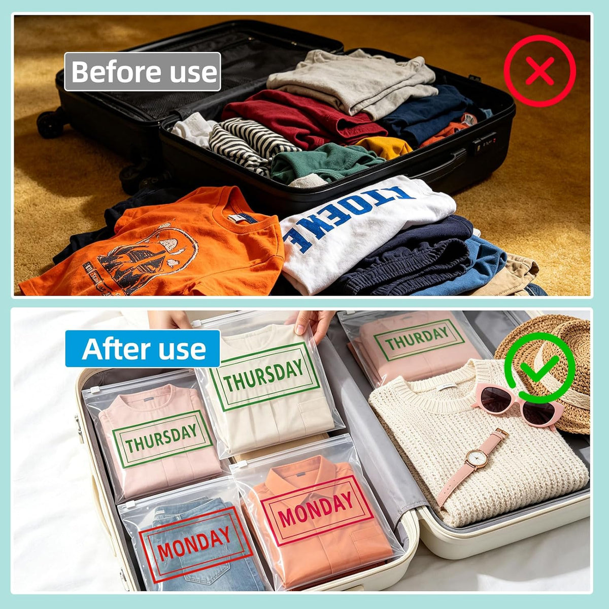 28 Pcs Days of the Week Packing Cubes for Travel Clear Compression Packing Organizers for Suitcase Daily Planner Travel Bags for Clothes Reusable Zippered Luggage Storage Bag