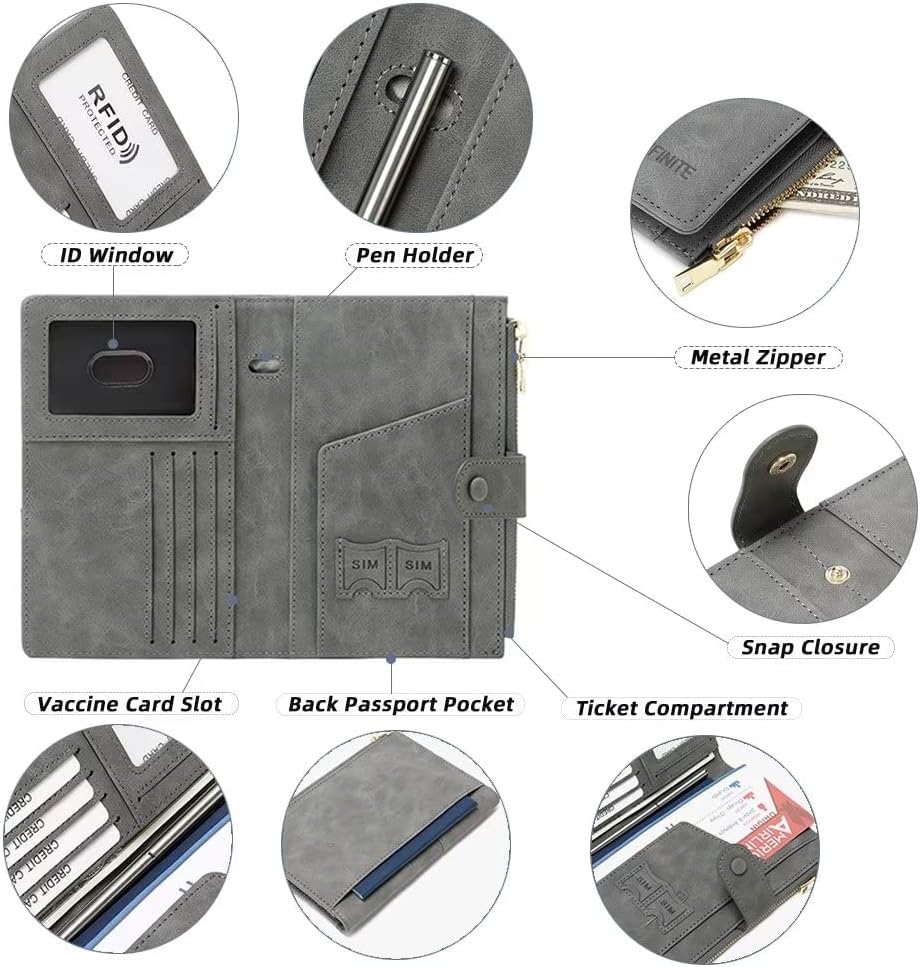 RFID Blocking Slim Passport Wallet, Travel Document Organizer | Vegan Leather Passport Holder for Women and Men, Travel Credit Card Case with ID Window, Zipper Pocket and Pen Holder