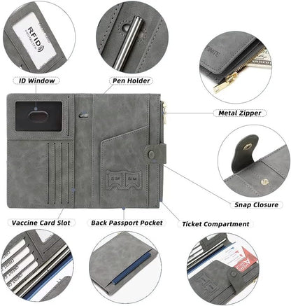 RFID Blocking Slim Passport Wallet, Travel Document Organizer | Vegan Leather Passport Holder for Women and Men, Travel Credit Card Case with ID Window, Zipper Pocket and Pen Holder