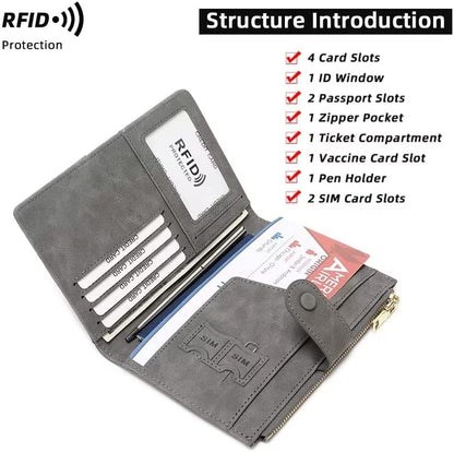 RFID Blocking Slim Passport Wallet, Travel Document Organizer | Vegan Leather Passport Holder for Women and Men, Travel Credit Card Case with ID Window, Zipper Pocket and Pen Holder