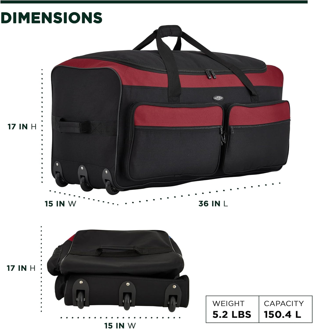36" Asgard 3-Wheel Rolling Duffel Bag