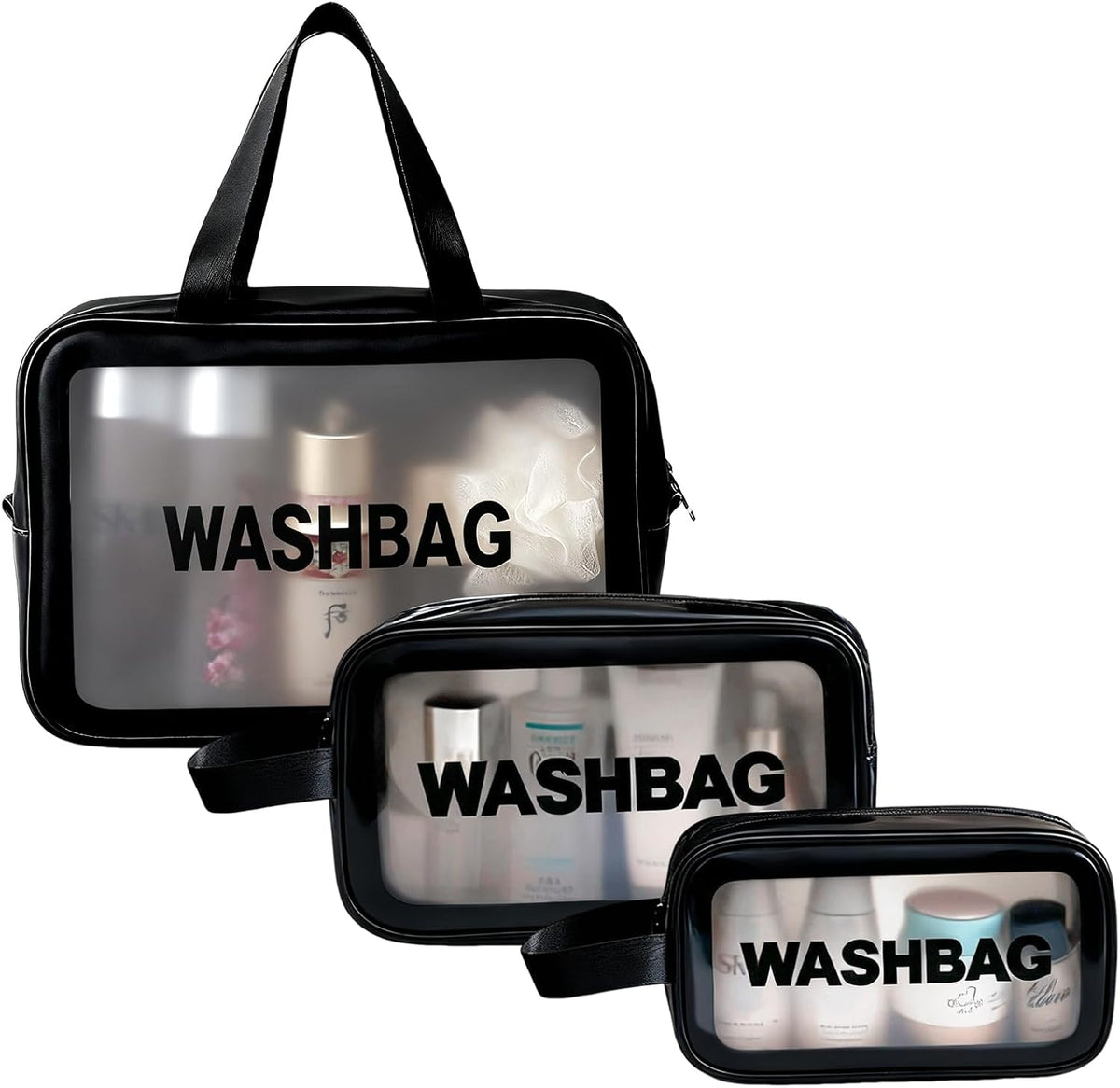 Clear Travel Bags for Toiletries, Black, 3 Pack | Matte Translucent, Handy Handle, Makeup Bag, Cosmetic Organizer
