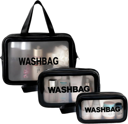Clear Travel Bags for Toiletries, Black, 3 Pack | Matte Translucent, Handy Handle, Makeup Bag, Cosmetic Organizer