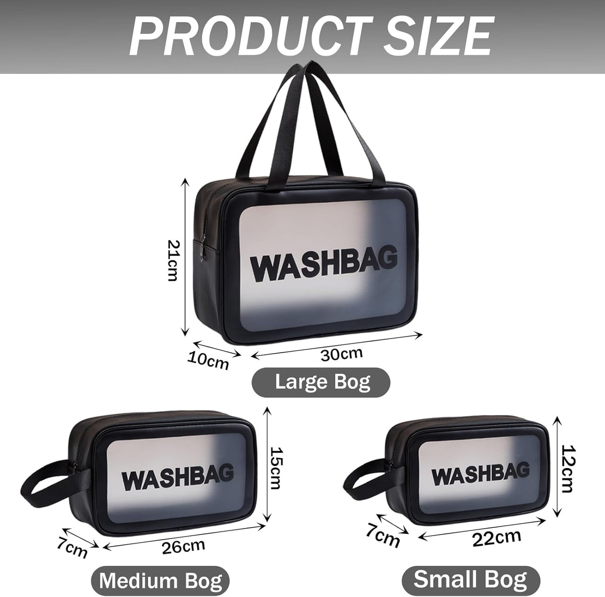 Clear Travel Bags for Toiletries, Black, 3 Pack | Matte Translucent, Handy Handle, Makeup Bag, Cosmetic Organizer