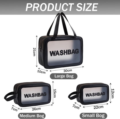 Clear Travel Bags for Toiletries, Black, 3 Pack | Matte Translucent, Handy Handle, Makeup Bag, Cosmetic Organizer