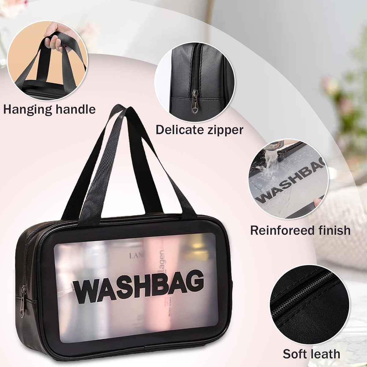 Clear Travel Bags for Toiletries, Black, 3 Pack | Matte Translucent, Handy Handle, Makeup Bag, Cosmetic Organizer