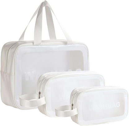 Clear Travel Bags for Toiletries, Black, 3 Pack | Matte Translucent, Handy Handle, Makeup Bag, Cosmetic Organizer