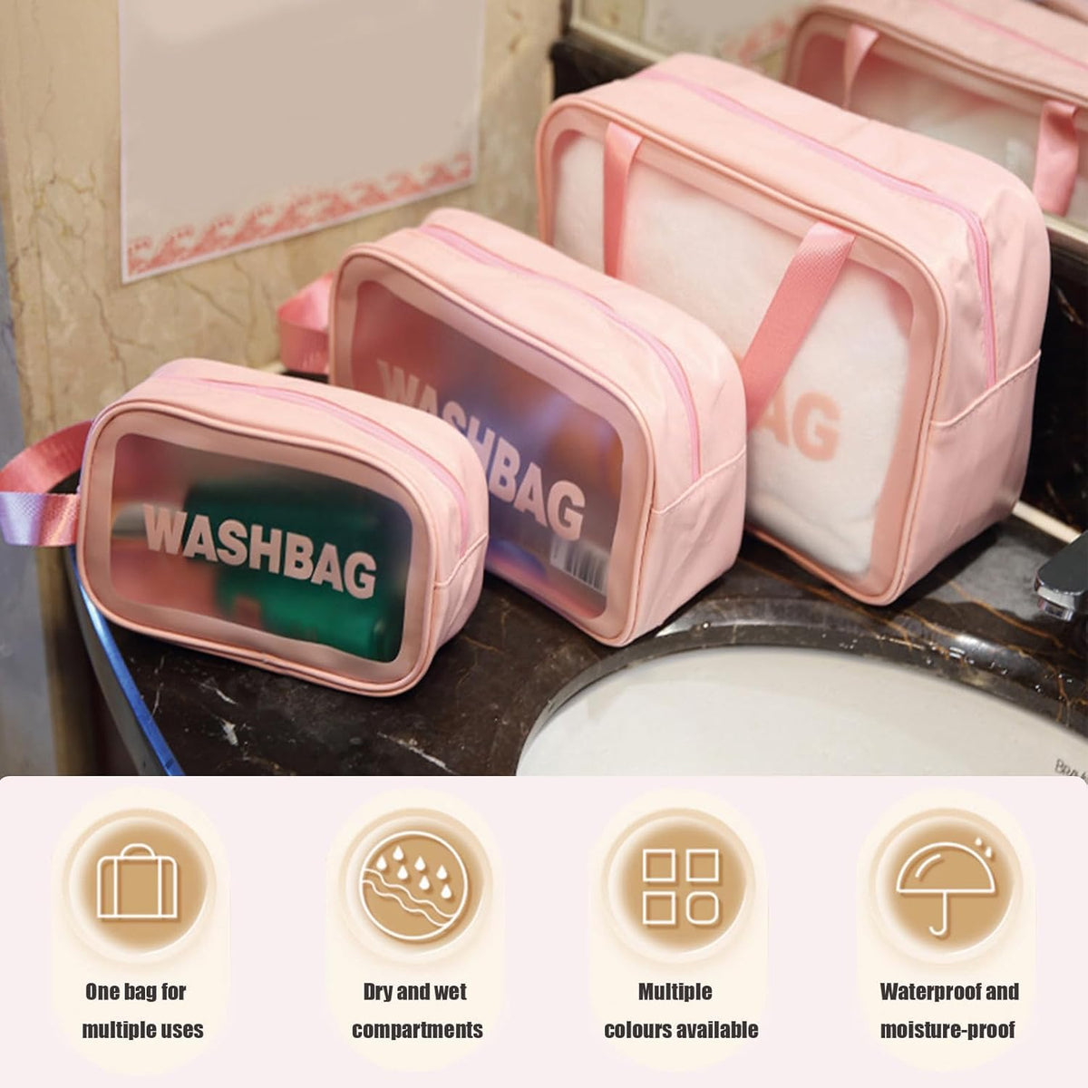 Clear Travel Bags for Toiletries, Black, 3 Pack | Matte Translucent, Handy Handle, Makeup Bag, Cosmetic Organizer
