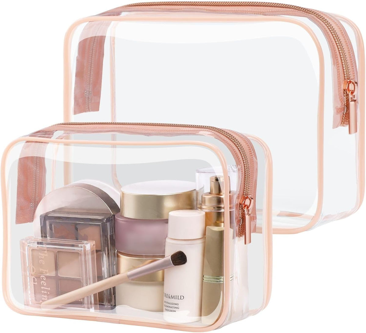 Clear Makeup Bag Travel - TSA Approved Toiletry Bag, 2 Rose Pink | 1 Medium Quart Carry-On & 1 Large Checked-Luggage, Reinforced Seams, Water-resistant, Clear Easy-Check for Airport, Women