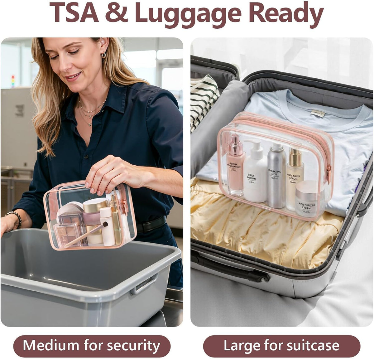 Clear Makeup Bag Travel - TSA Approved Toiletry Bag, 2 Rose Pink | 1 Medium Quart Carry-On & 1 Large Checked-Luggage, Reinforced Seams, Water-resistant, Clear Easy-Check for Airport, Women