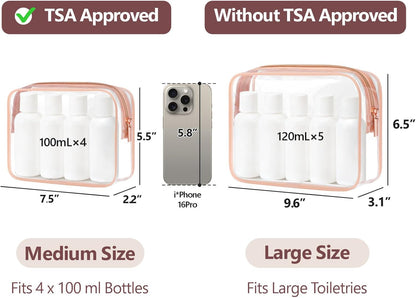 Clear Makeup Bag Travel - TSA Approved Toiletry Bag, 2 Rose Pink | 1 Medium Quart Carry-On & 1 Large Checked-Luggage, Reinforced Seams, Water-resistant, Clear Easy-Check for Airport, Women