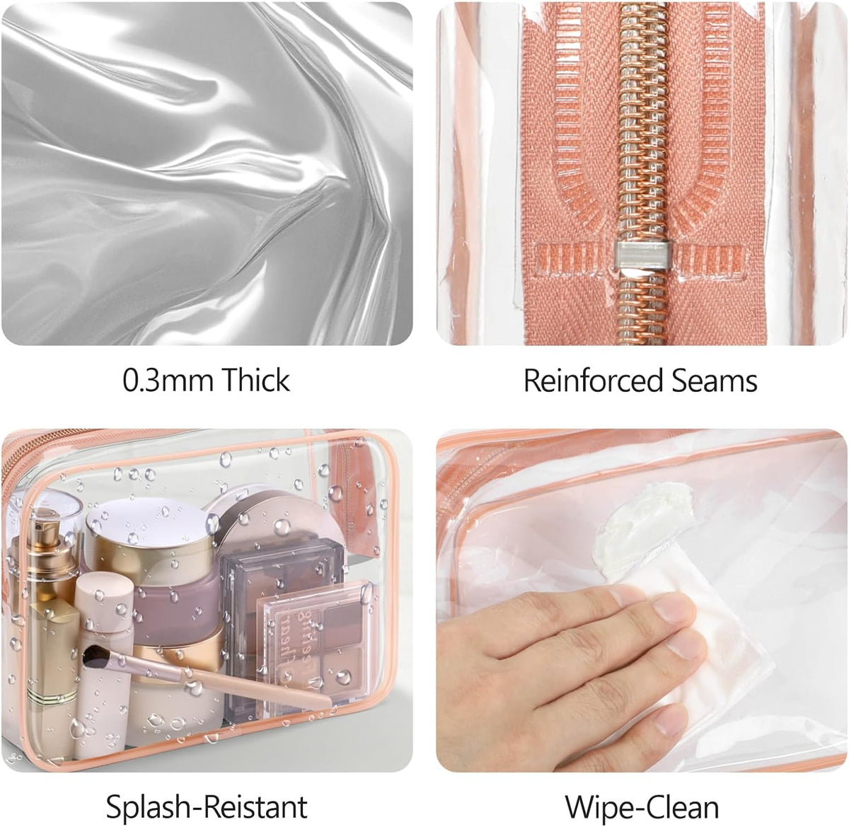 Clear Makeup Bag Travel - TSA Approved Toiletry Bag, 2 Rose Pink | 1 Medium Quart Carry-On & 1 Large Checked-Luggage, Reinforced Seams, Water-resistant, Clear Easy-Check for Airport, Women
