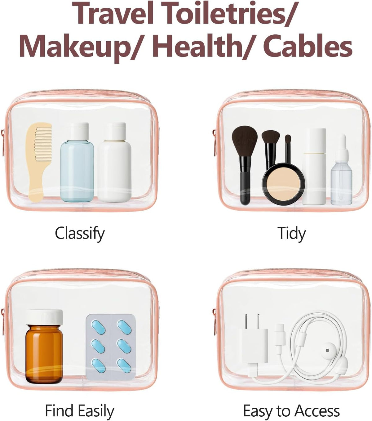 Clear Makeup Bag Travel - TSA Approved Toiletry Bag, 2 Rose Pink | 1 Medium Quart Carry-On & 1 Large Checked-Luggage, Reinforced Seams, Water-resistant, Clear Easy-Check for Airport, Women