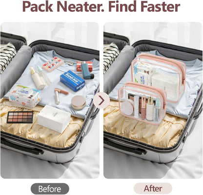 Clear Makeup Bag Travel - TSA Approved Toiletry Bag, 2 Rose Pink | 1 Medium Quart Carry-On & 1 Large Checked-Luggage, Reinforced Seams, Water-resistant, Clear Easy-Check for Airport, Women