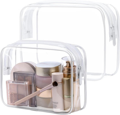 Clear Makeup Bag Travel - TSA Approved Toiletry Bag, 2 Rose Pink | 1 Medium Quart Carry-On & 1 Large Checked-Luggage, Reinforced Seams, Water-resistant, Clear Easy-Check for Airport, Women
