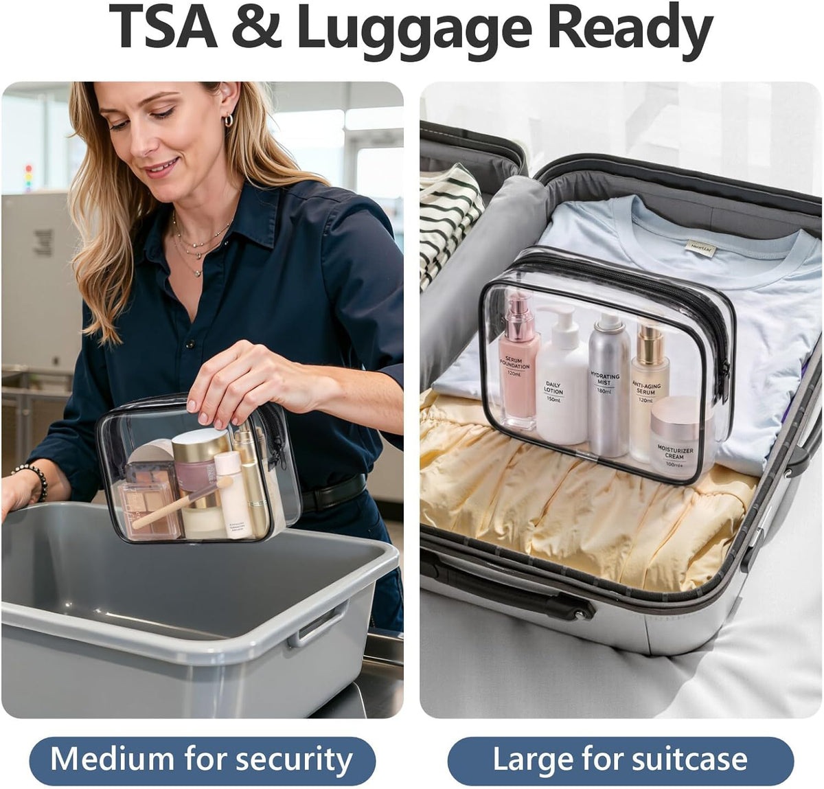 Clear Makeup Bag Travel - TSA Approved Toiletry Bag, 2 Rose Pink | 1 Medium Quart Carry-On & 1 Large Checked-Luggage, Reinforced Seams, Water-resistant, Clear Easy-Check for Airport, Women