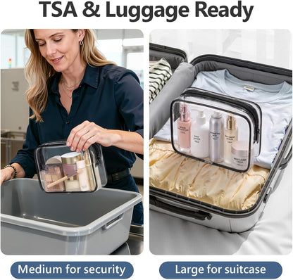 Clear Makeup Bag Travel - TSA Approved Toiletry Bag, 2 Rose Pink | 1 Medium Quart Carry-On & 1 Large Checked-Luggage, Reinforced Seams, Water-resistant, Clear Easy-Check for Airport, Women